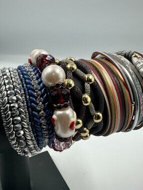 Magnetic Clasp Bracelet Lot Multi Strand Leather Cord Beaded Boho Textured